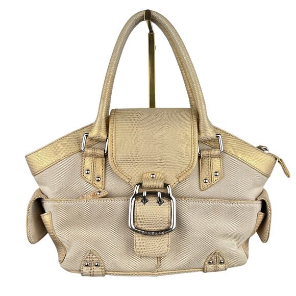 Cole Haan Buckle Canvas Tan and Gold Lizard Skin Embossed Leather Shoulder Bag - Picture 16 of 16